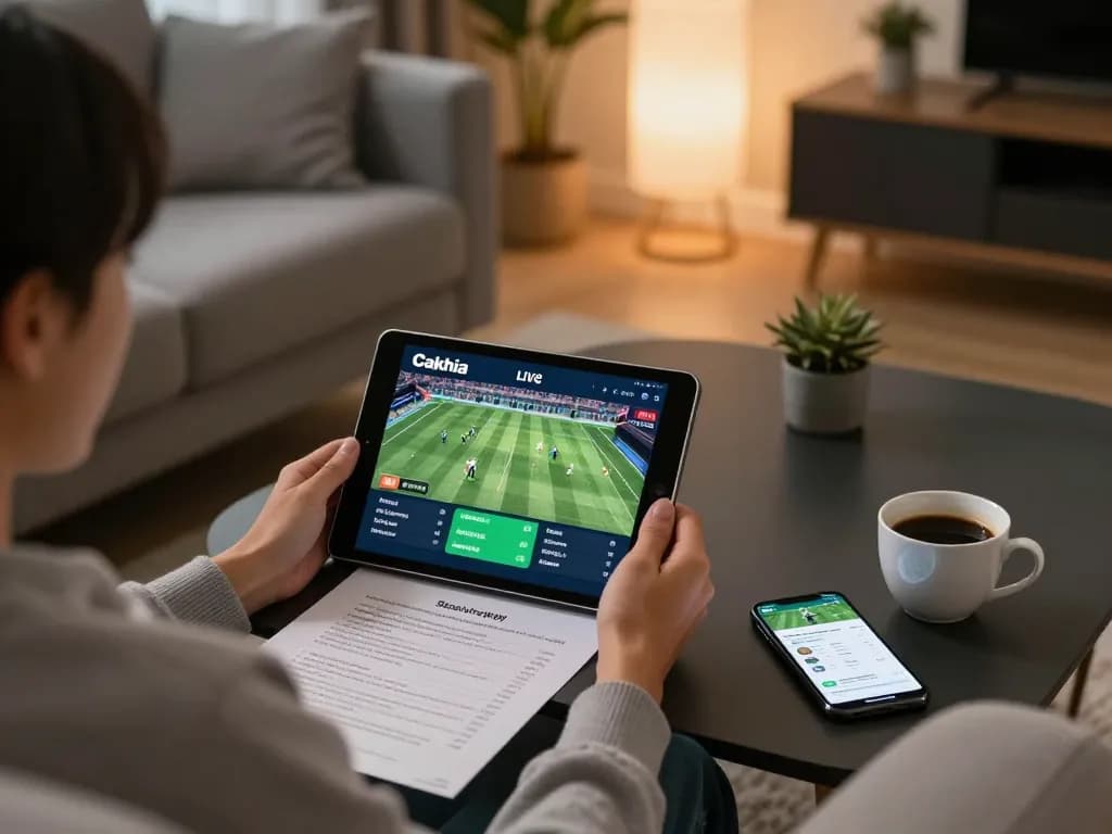 Cakhia tv user placing bets through a mobile app in a cozy home setting with strategy notes.