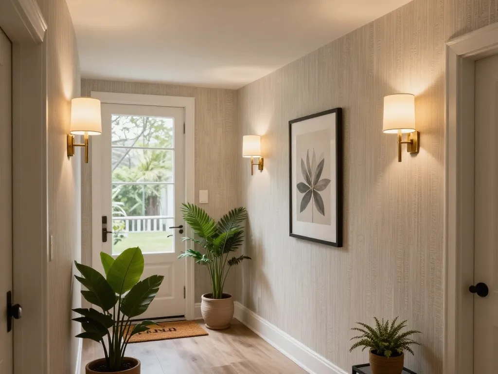Stylish hallway light fixtures illuminating a modern entryway with wall sconces and decor elements.