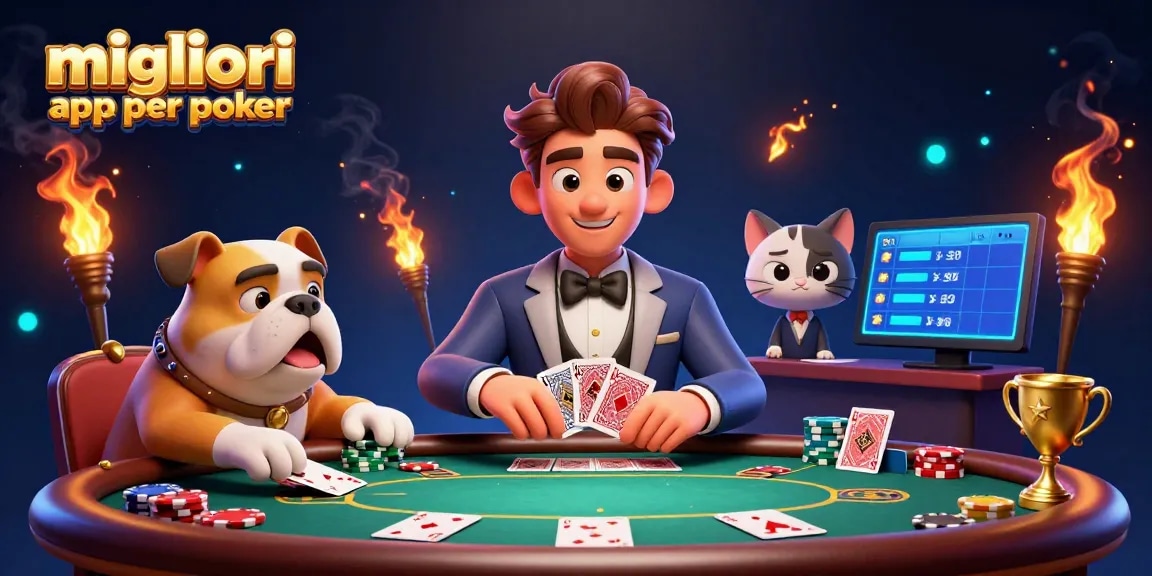 Migliori app per poker: giocatori entusiasti al tavolo con dealer animato e premi scintillanti.