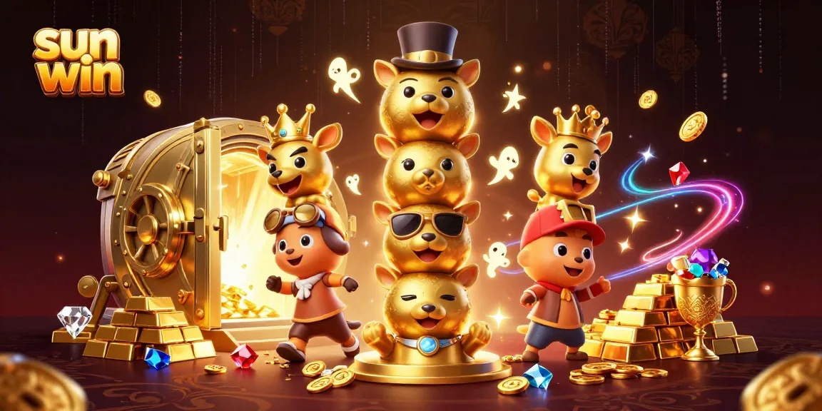 Experience the excitement of sun win with a vibrant 3D casino scene featuring golden treasures and playful totem poles.