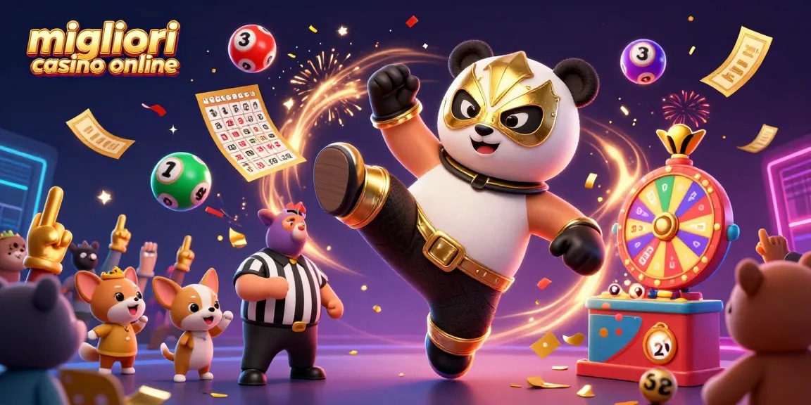 Immagine che mostra le migliori casino online con panda wrestler e animali da' tifo, giochi di fortuna e festeggiamenti.