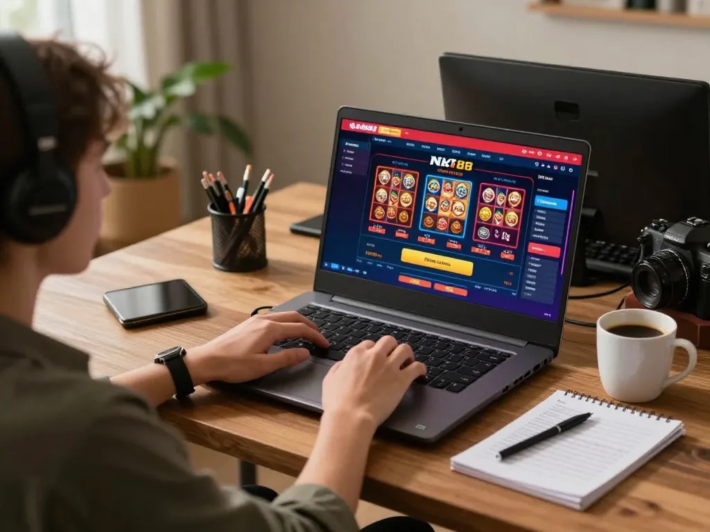 Experience the thrill of online gambling at Nk88 with players engaged on screens and strategy notes in a cozy environment.
