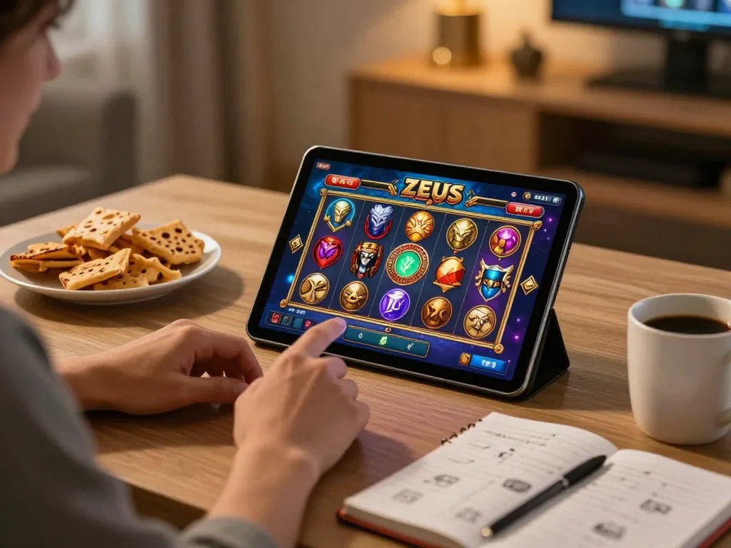 Pemain memutar gulungan pada slot Zeus di pengaturan rumah yang nyaman, menampilkan pengalaman bermain game online yang menarik.