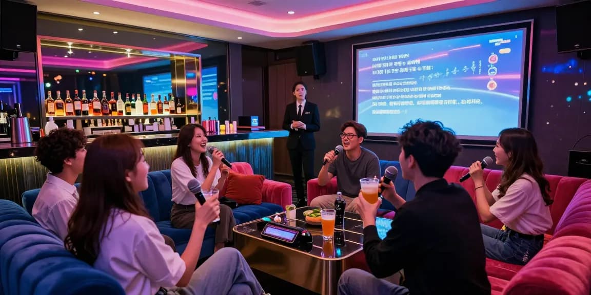 강남 가라오케에서 친구들과 노래를 즐기는 활기찬 밤의 모습