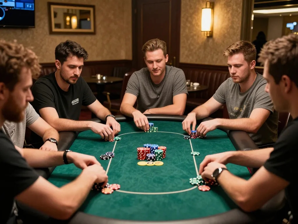 B52 Club poker game in action with focused players placing bets, exciting casino atmosphere, vibrant colors and engaging decor.
