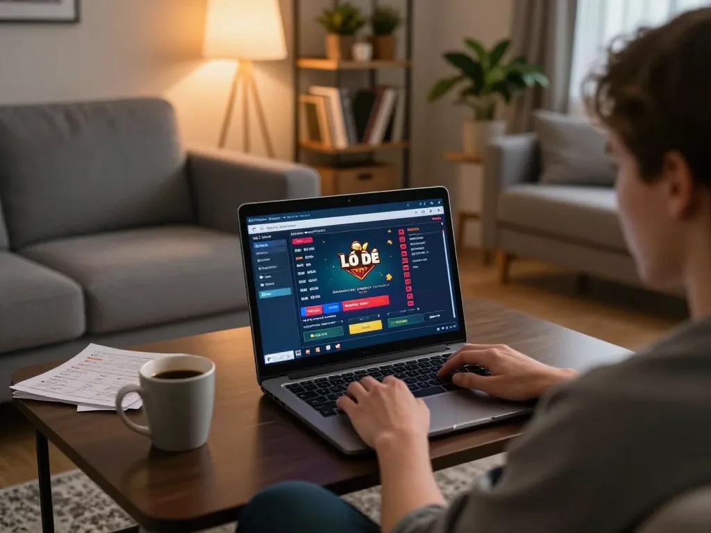 Lô đề online gaming setup at home, player engaging with laptop, cozy atmosphere, strategic betting notes.