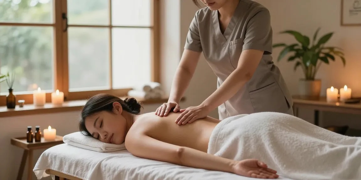 마사지 받는 고객과 편안한 스파 환경을 강조한 장면