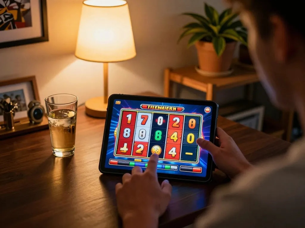 Engaging with slot deposit 2rb on a tablet, showcasing vibrant slot graphics and cozy gaming atmosphere.