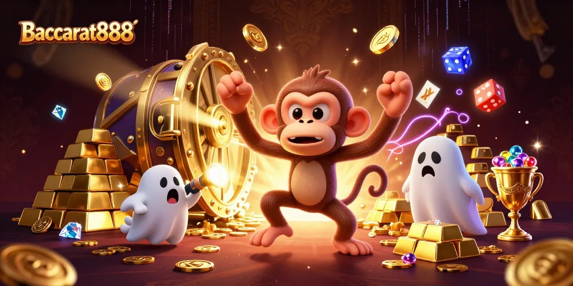 Experience Baccarat888's thrilling casino atmosphere with playful spirits and golden treasures.