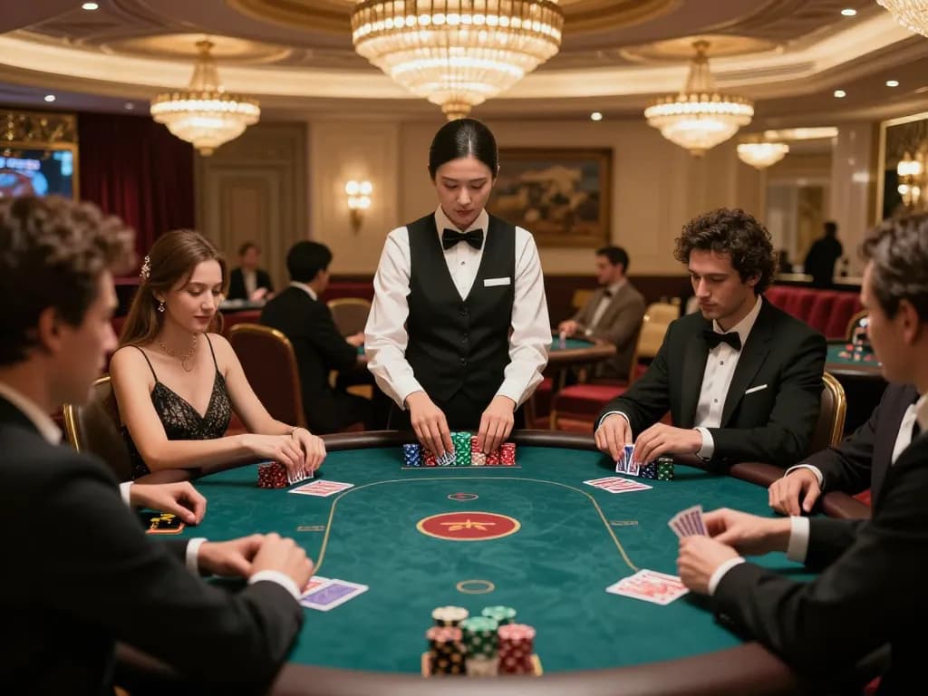 VIP gaming atmosphere at a luxurious casino, players engaging in strategic poker with warm lighting.