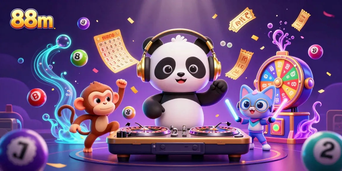 Experience the excitement of 88m with vibrant gaming characters and energetic casino elements.