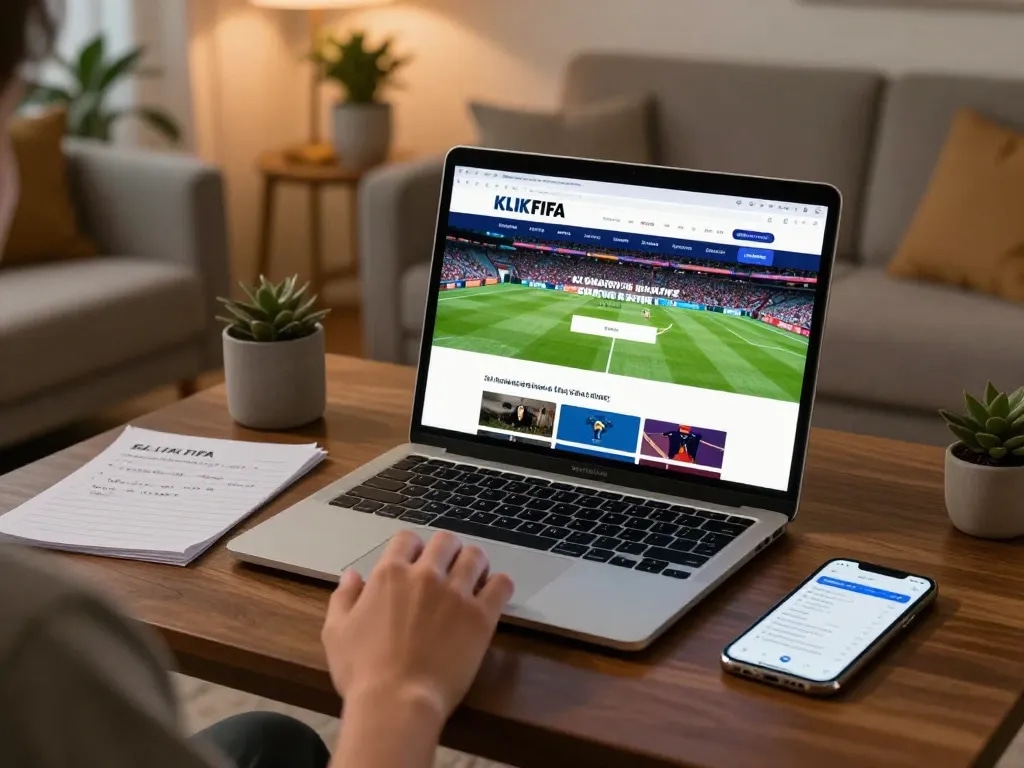 KLIKFIFA sports betting on a laptop in a cozy home setting, emphasizing responsible gambling