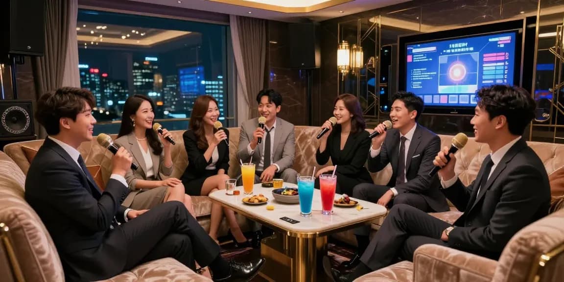 강남가라오케에서 전문 비즈니스 모임을 즐기는 세련된 분위기의 프라이빗 룸