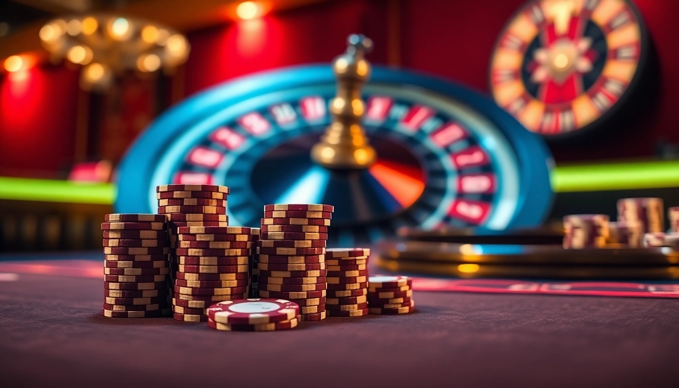 Découvrez des jeux de hasard en ligne palpitants dans un casino en ligne avec une table de poker somptueuse et une roue de roulette.