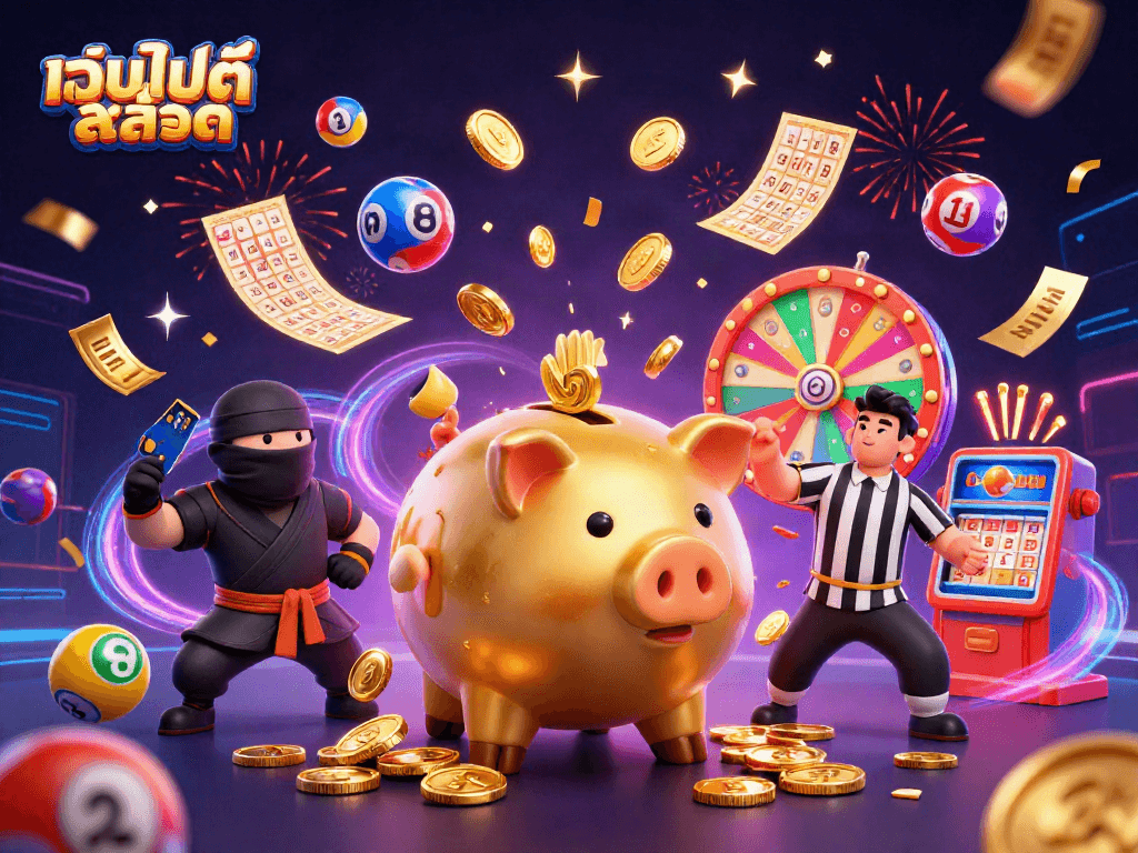 Spin the reels at เว็บไซต์สล็อต featuring an energetic piggy bank sumo wrestler shaking coins loose!