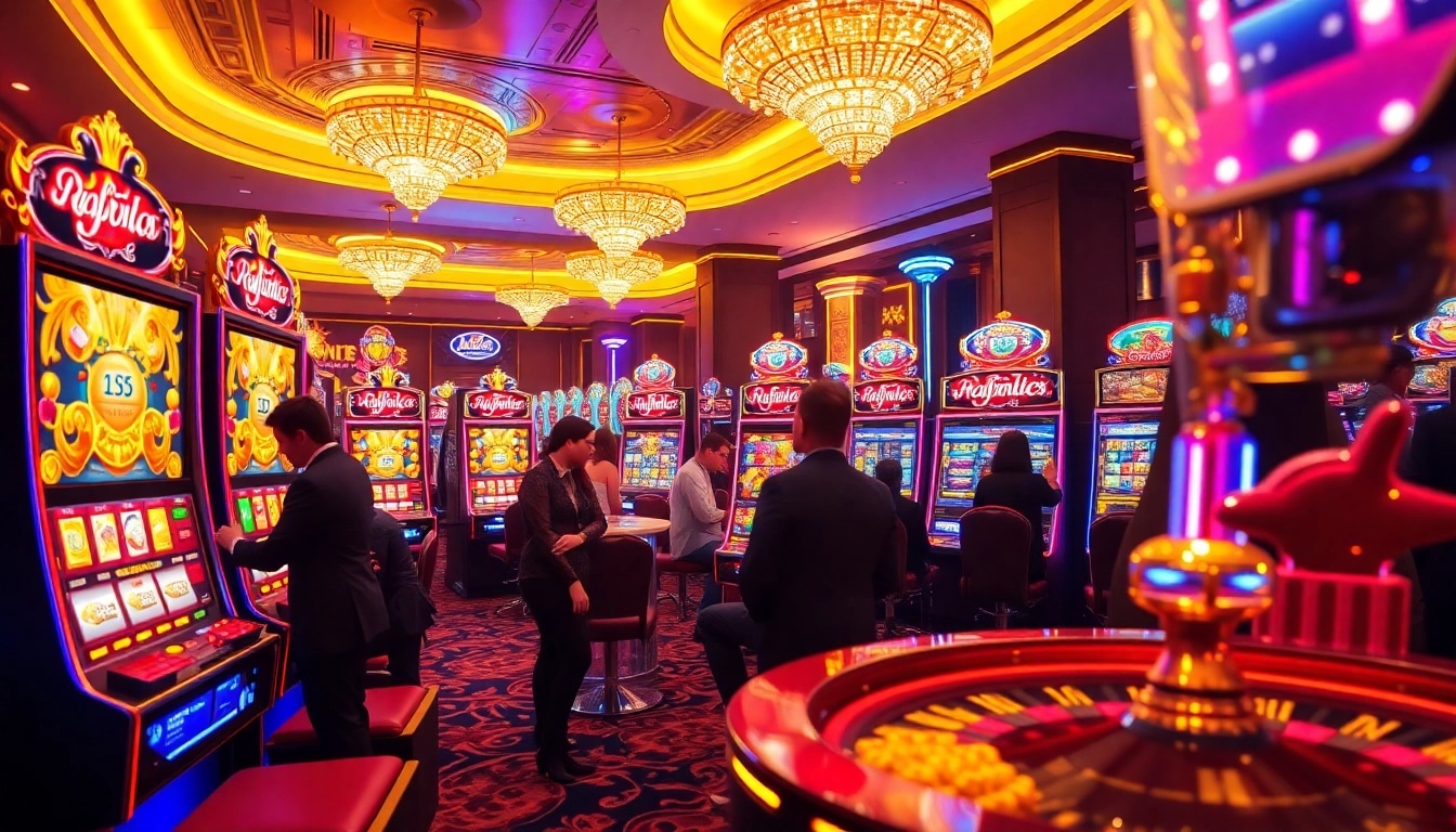 Enjoying PG slot games in a lavish casino filled with vibrant slot machines and poker chips.