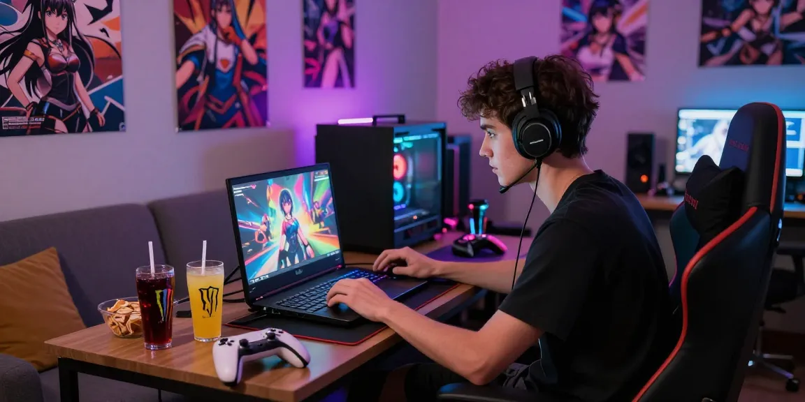 Engaging scene of a gamer enjoying a hentai game with LED lights.