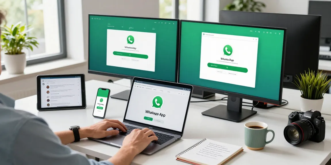 Stay updated with WhatsApp下載 on your device in a modern tech workspace.