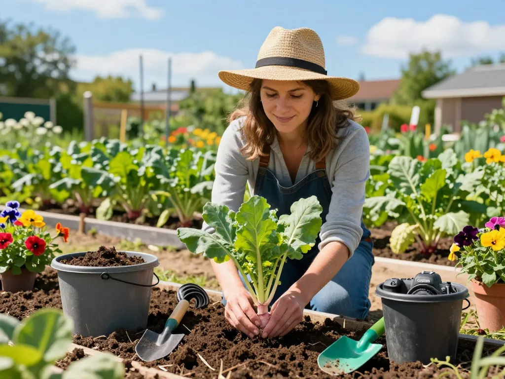Discover rabarber planten kopen options in a vibrant garden scene with a gardener planting rabarber plants.