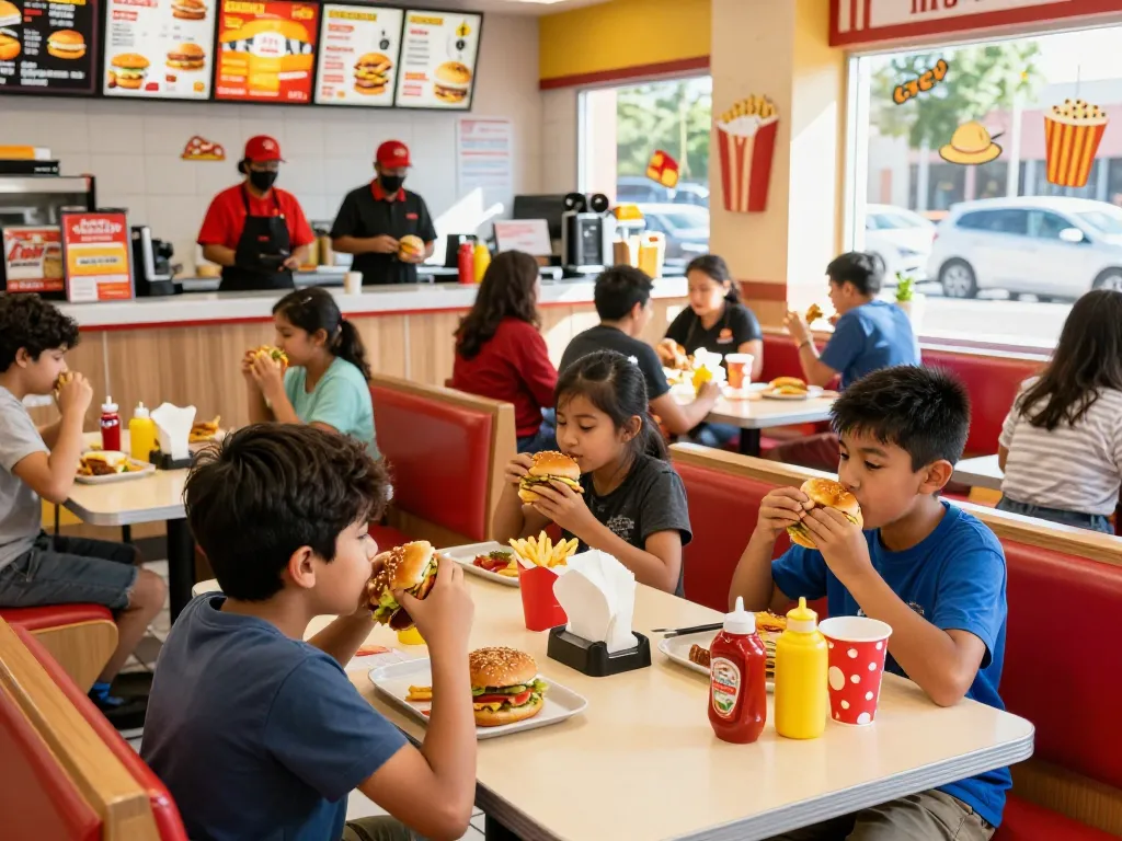 Fast food prices showcased on menu board in lively restaurant setting.