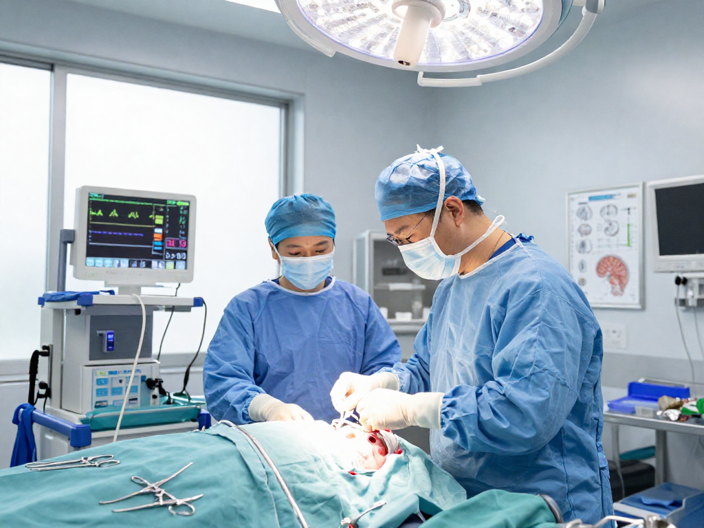 Brain tumor surgery scene depicting beyin tümörü ameliyatı preparation and teamwork in a sterile environment.