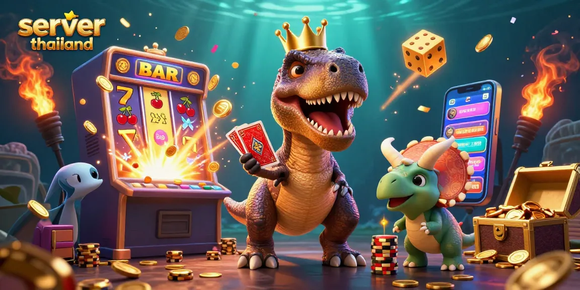 Experience the excitement of server thailand slots with a vibrant scene of T-Rex and friends winning big!
