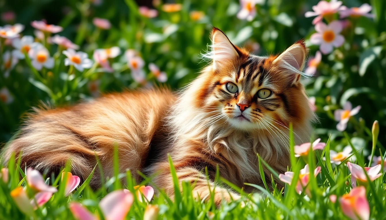 Captivating Maine Coon cats for sale Sacramento in a serene garden setting.