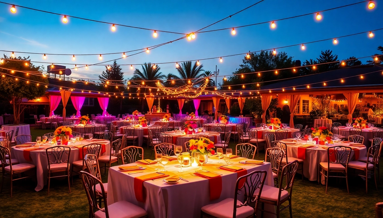 Vibrant party rentals setup showcasing festive decorations and inviting atmosphere.