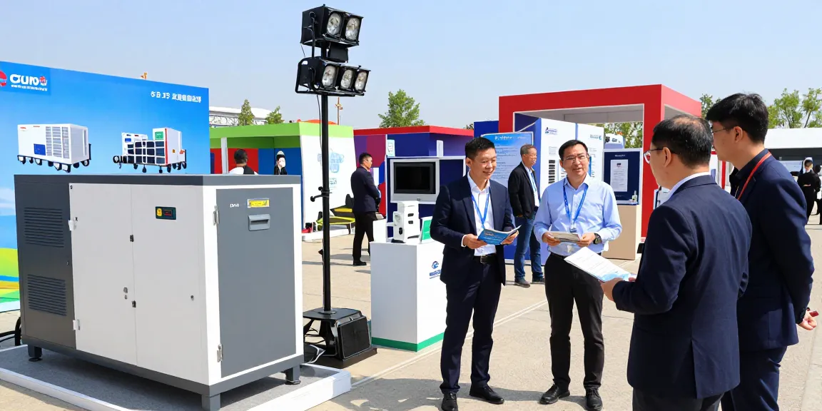 Power Generation showcased with portable gas CHP unit and lighting tower at an energetic outdoor exhibition.