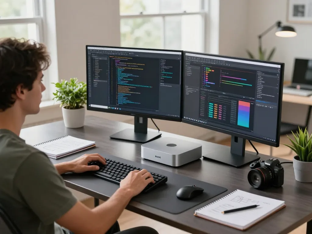 Mighty Mac mini in a developer's modern workspace with dual monitors, enhancing productivity.