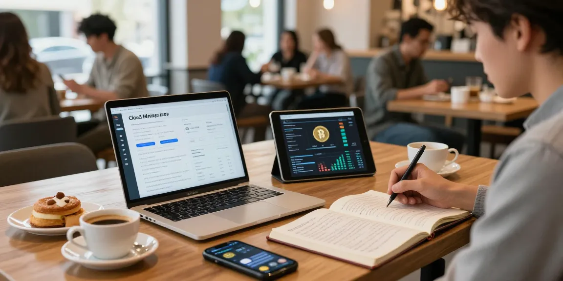 cloud mining crypto research setup at a coffee shop with blockchain data, laptop and crypto wallet