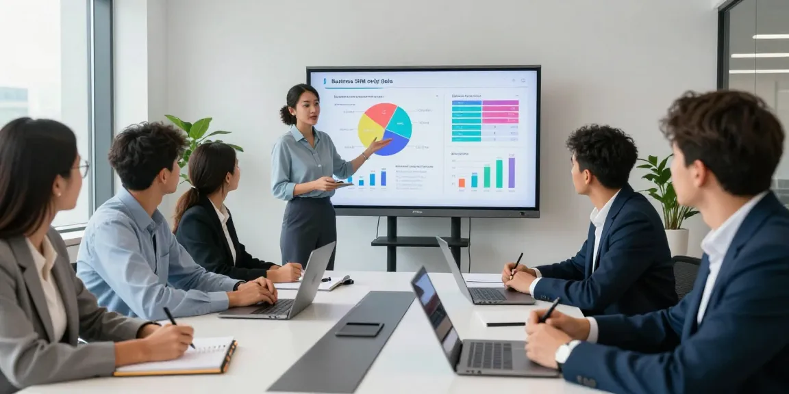 Business professionals collaborating on effective business SIM only deals UK during a strategy meeting in a modern office environment.