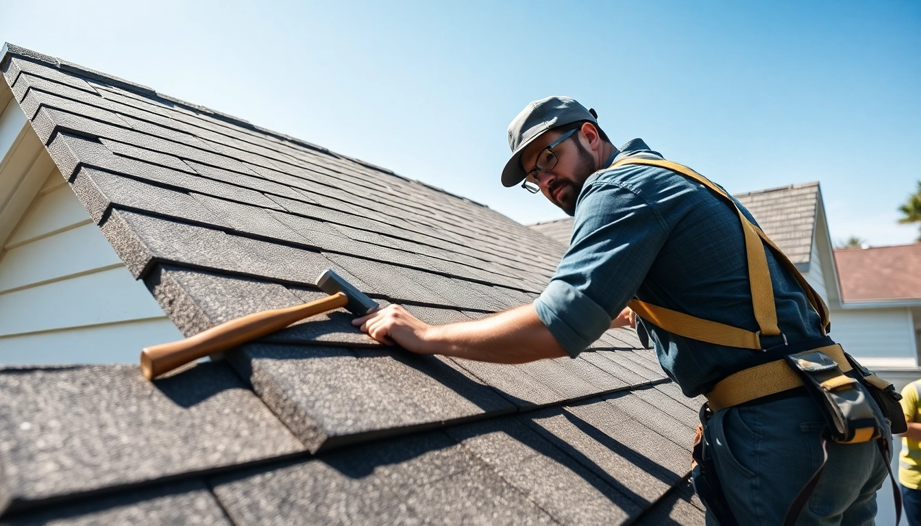 Roofer engaged in roof repair, demonstrating quality craftsmanship and durable materials.