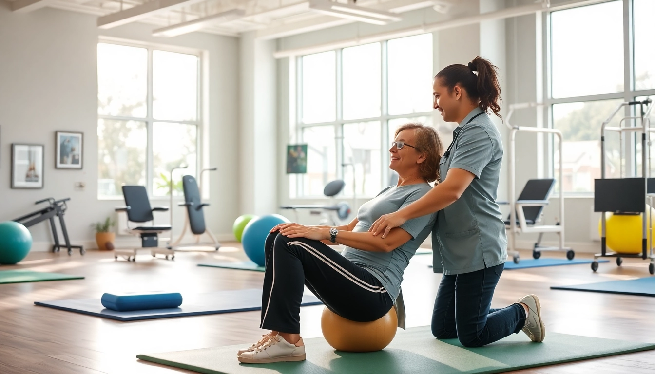 Health in Motion Rehabilitation therapist guiding a patient in a modern rehab facility.