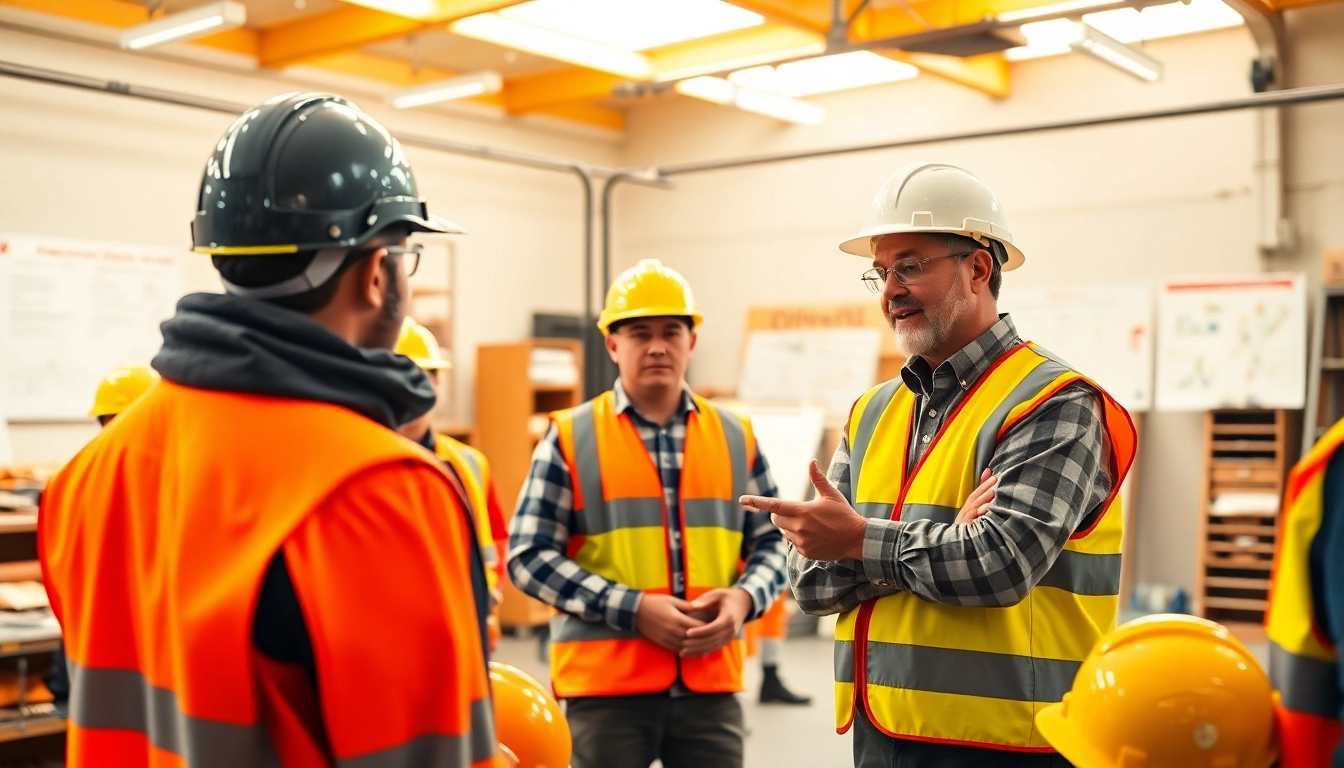 Construction safety training demonstration with engaged participants and safety gear in focus.