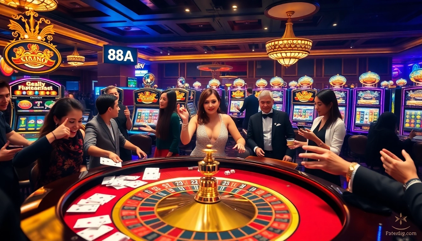 Experience the excitement at 88aa.com with vibrant gambling scenes featuring roulette tables and slot machines.