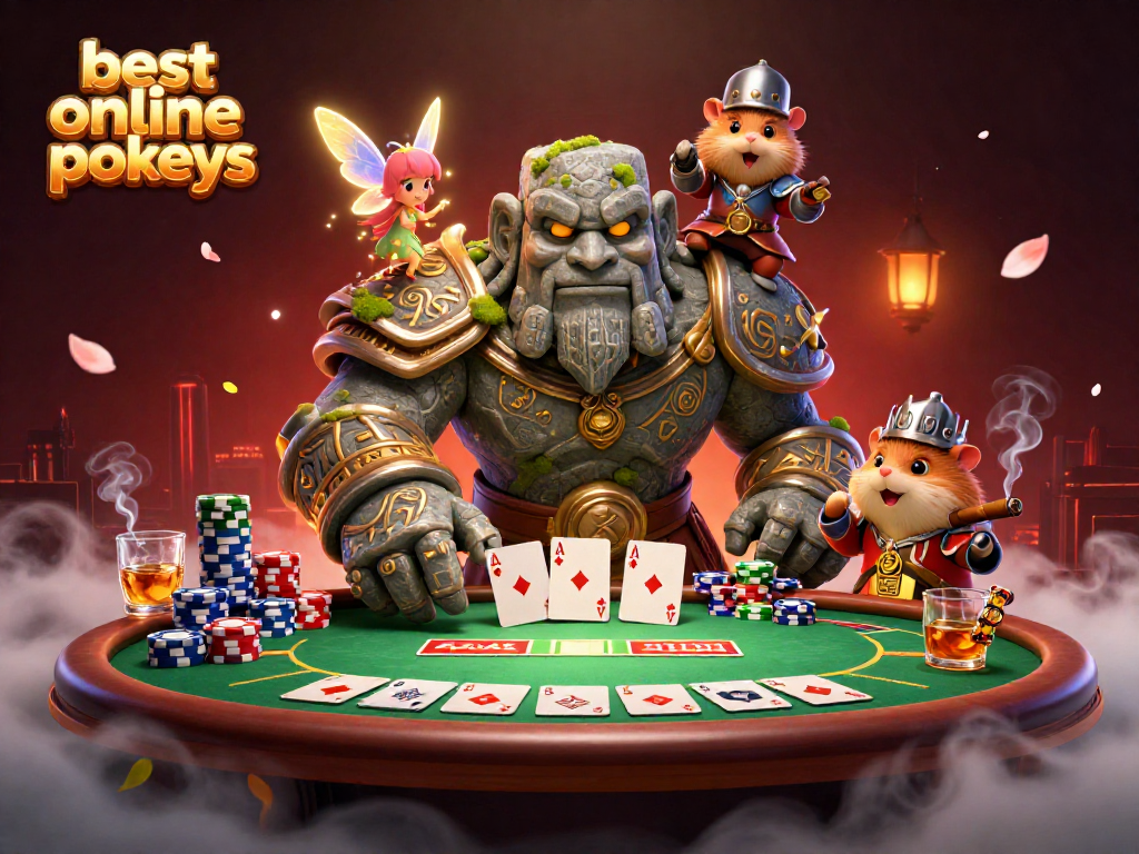 Experience the best online pokies with a vibrant 3D casino scene featuring playful characters and poker elements.