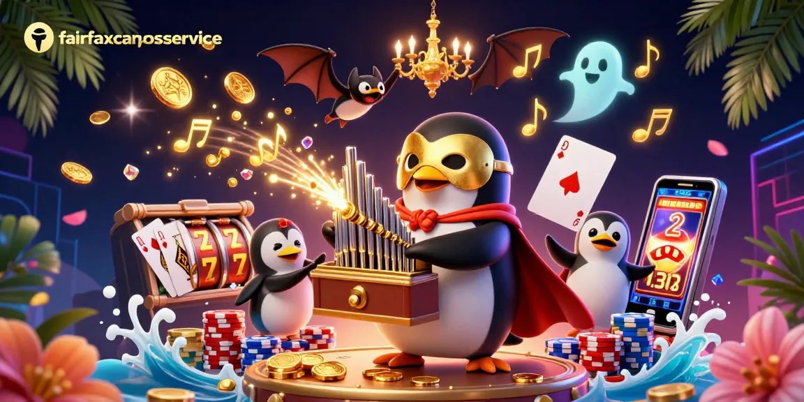 Play slots and win with fairfaxcarpetservice as a penguin and bat celebrate in a lavish casino.