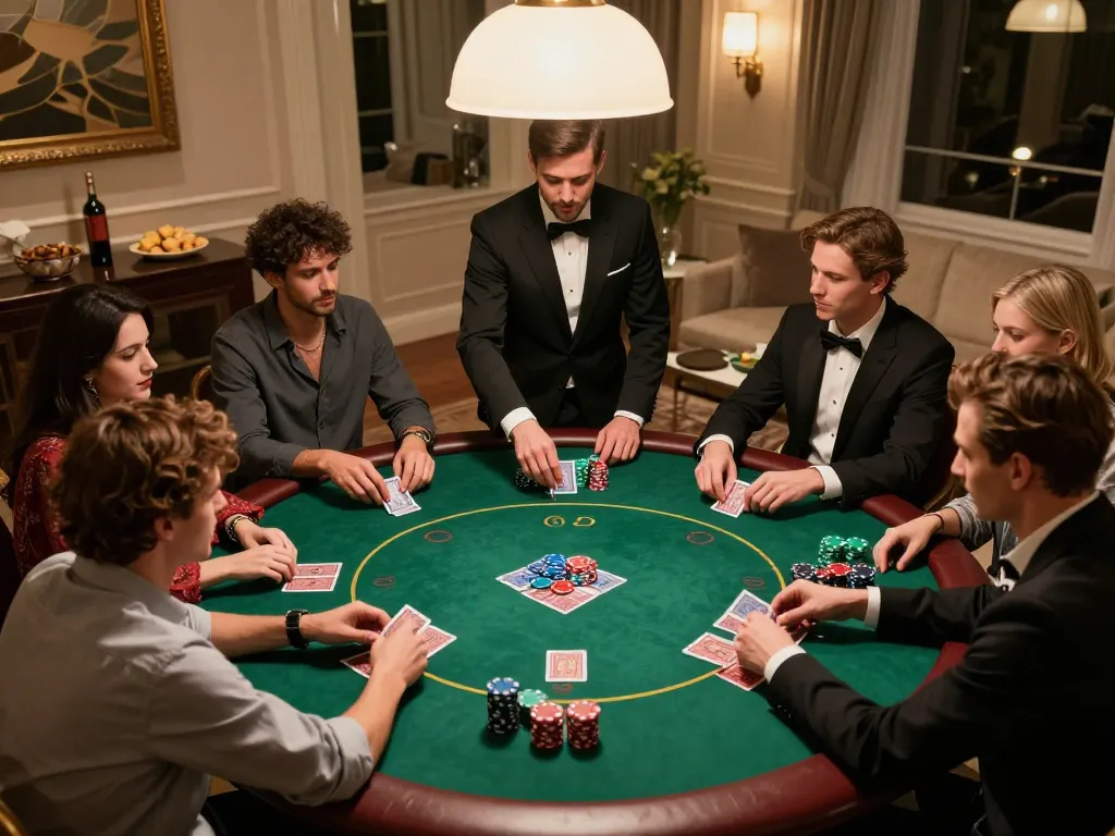 Play a thrilling hand of poker with vt888 in a luxurious home game setting, showcasing excitement and strategy.