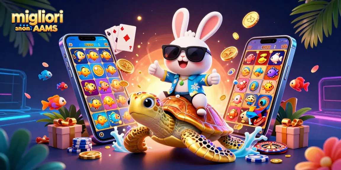 Esplora i migliori casino non AAMS mentre il coniglio fortunato festeggia su una tartaruga d'oro.