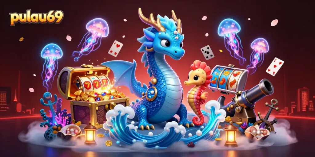 Experience the thrill of pulau69 with vibrant casino elements and captivating underwater creatures.