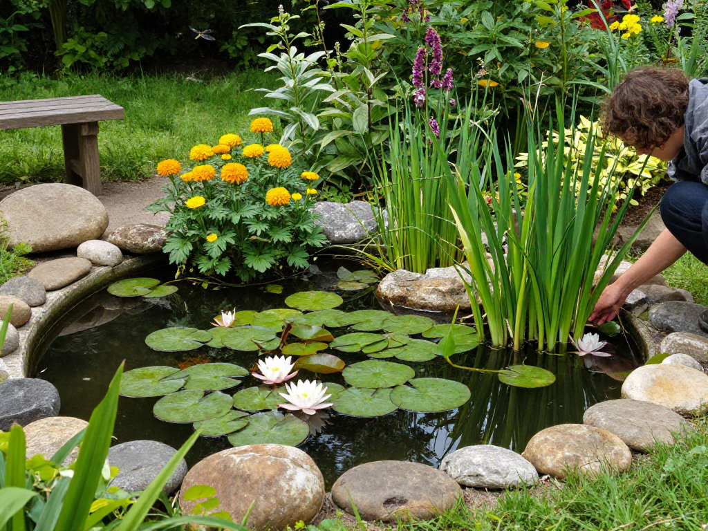Gardener caring for British pond plants in a tranquil pond setting.