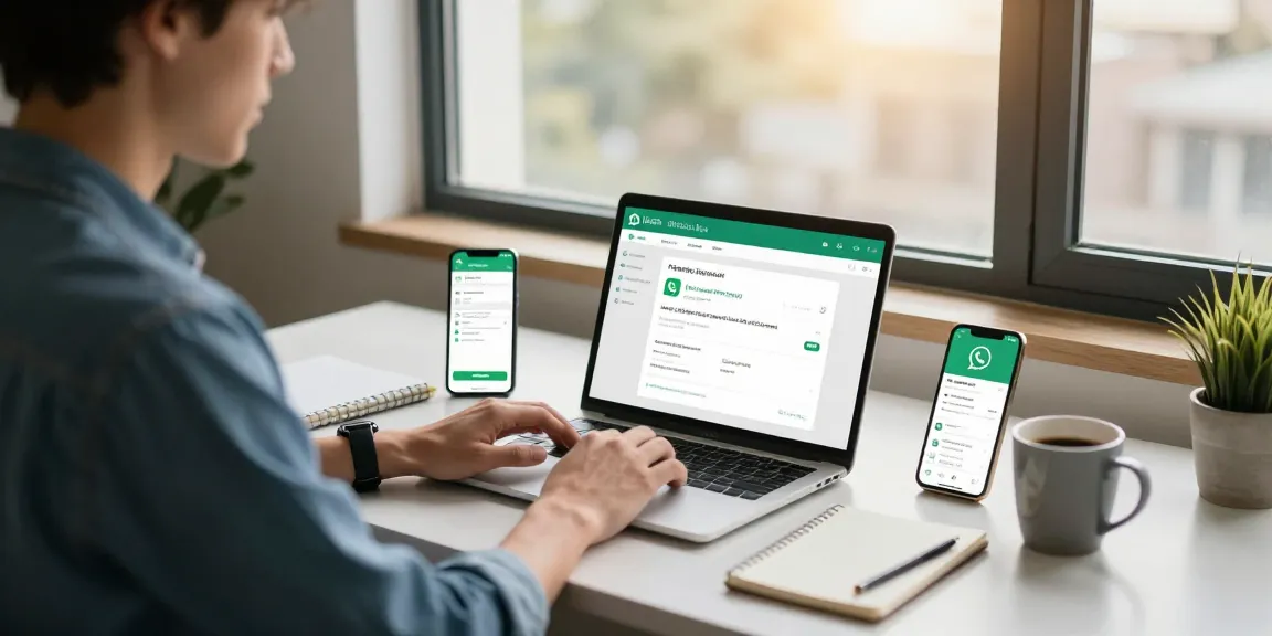 Engaging tech workspace showcasing WhatsApp下載 on multiple devices in a modern, bright office environment.