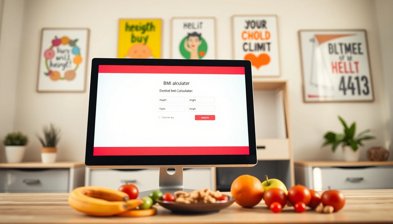 Use the bmi calculator to find your body mass index in a modern home office setting with healthy snacks.