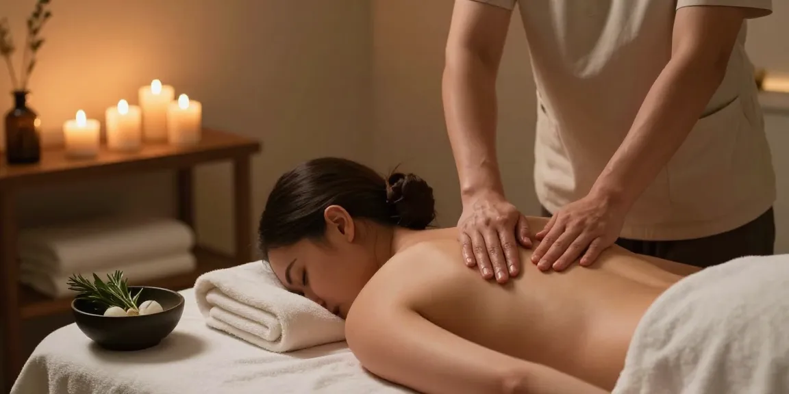마사지로 편안해지는 고객의 모습과 아로마 오일이 있는 마사지 치료실