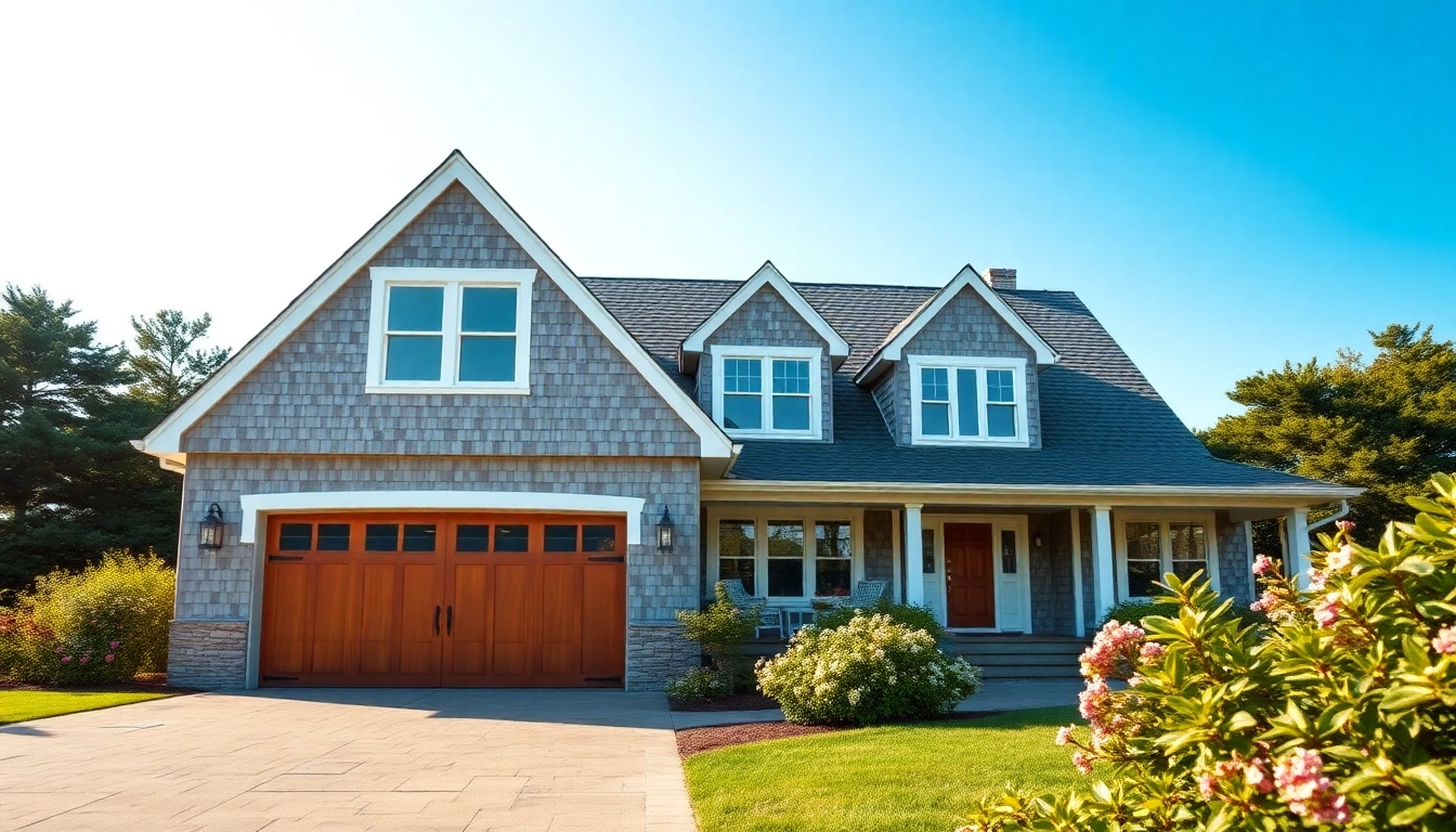 Cape Cod home with elegant design and attached garage surrounded by coastal scenery.