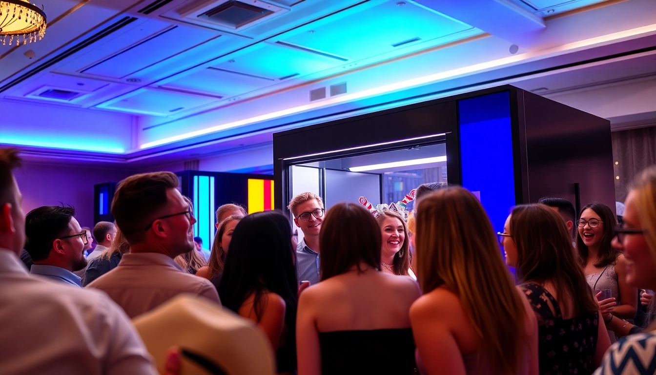 Guests enjoying a photo booth chicago experience at a lively event with vibrant props.
