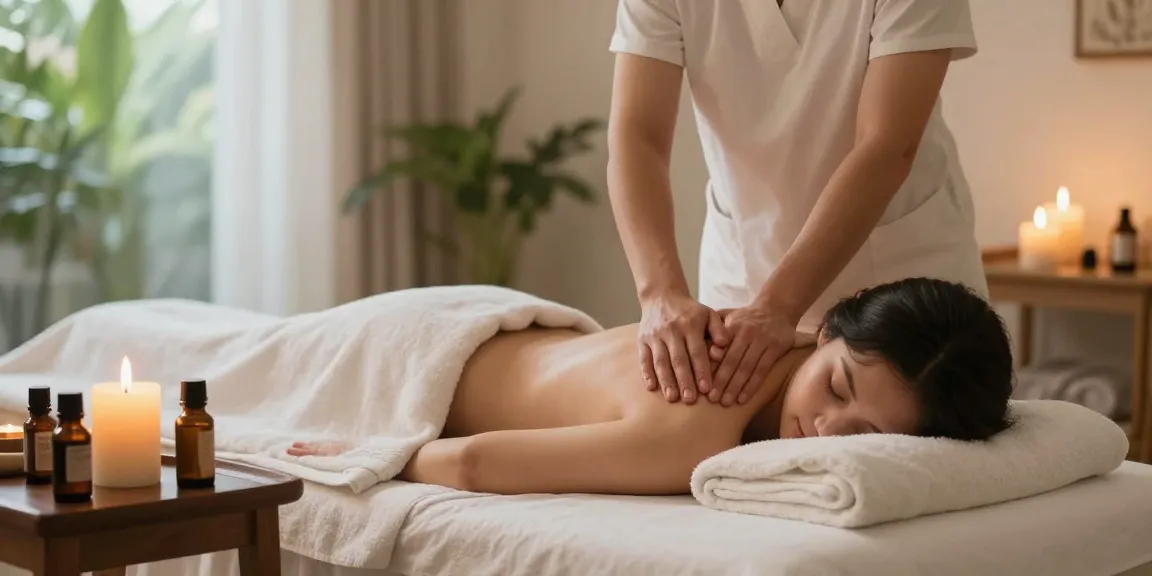 마사지 치료 중인 모습과 아늑한 스파 환경을 담은 이미지