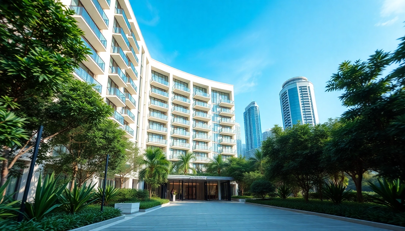 View the modern condominium at https://newdeveloperlaunch.sg surrounded by lush greenery and urban skyline.