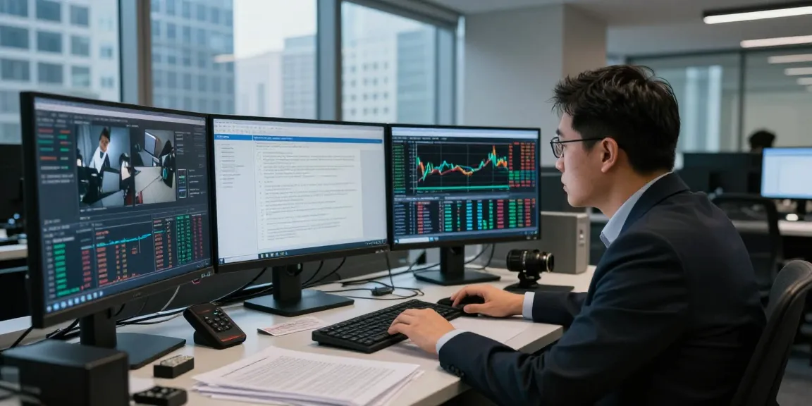Analyst utilizing financial crime intelligence tools in a modern office setting